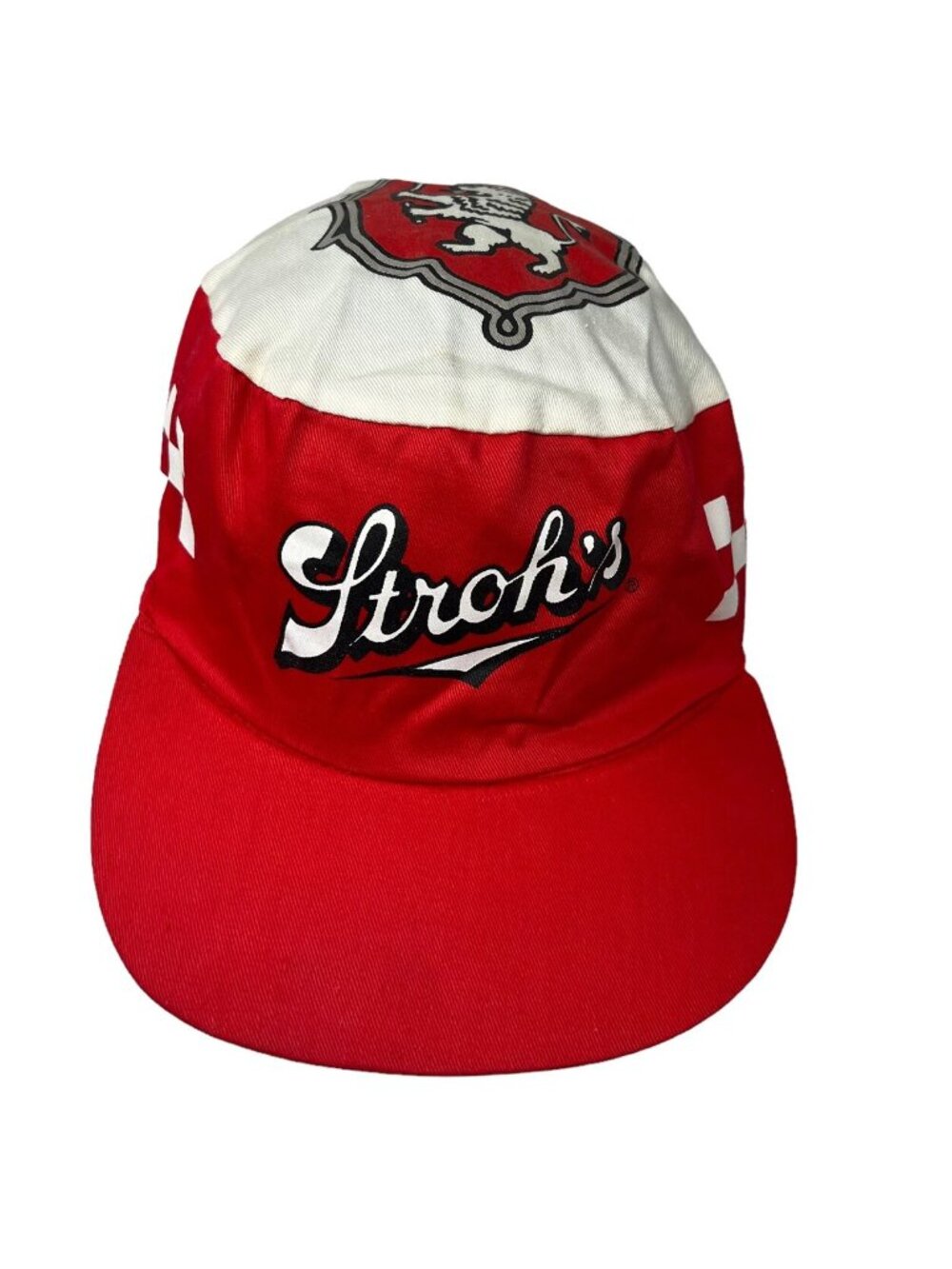 Stroh's Beer Vintage Snapback Hat Cap Lion Crest Logo Checkered White Red Vtg